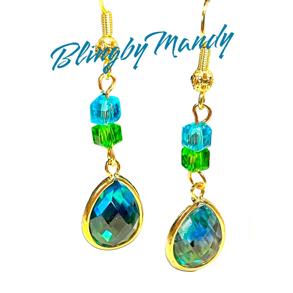 Stunning blue and green Swarovski beaded dangle earrings